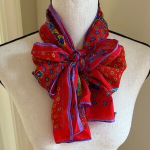 Vintage Elaine Gold 100% Silk Oblong Red Purple Paisley Scarf Made in Japan
